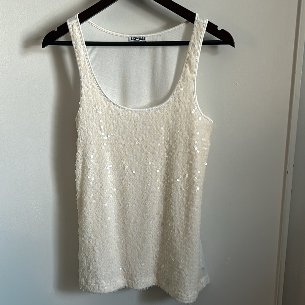 Express Dressy Women’s Ivory Translucent  Sequin Long Scoop Neck Tank Top